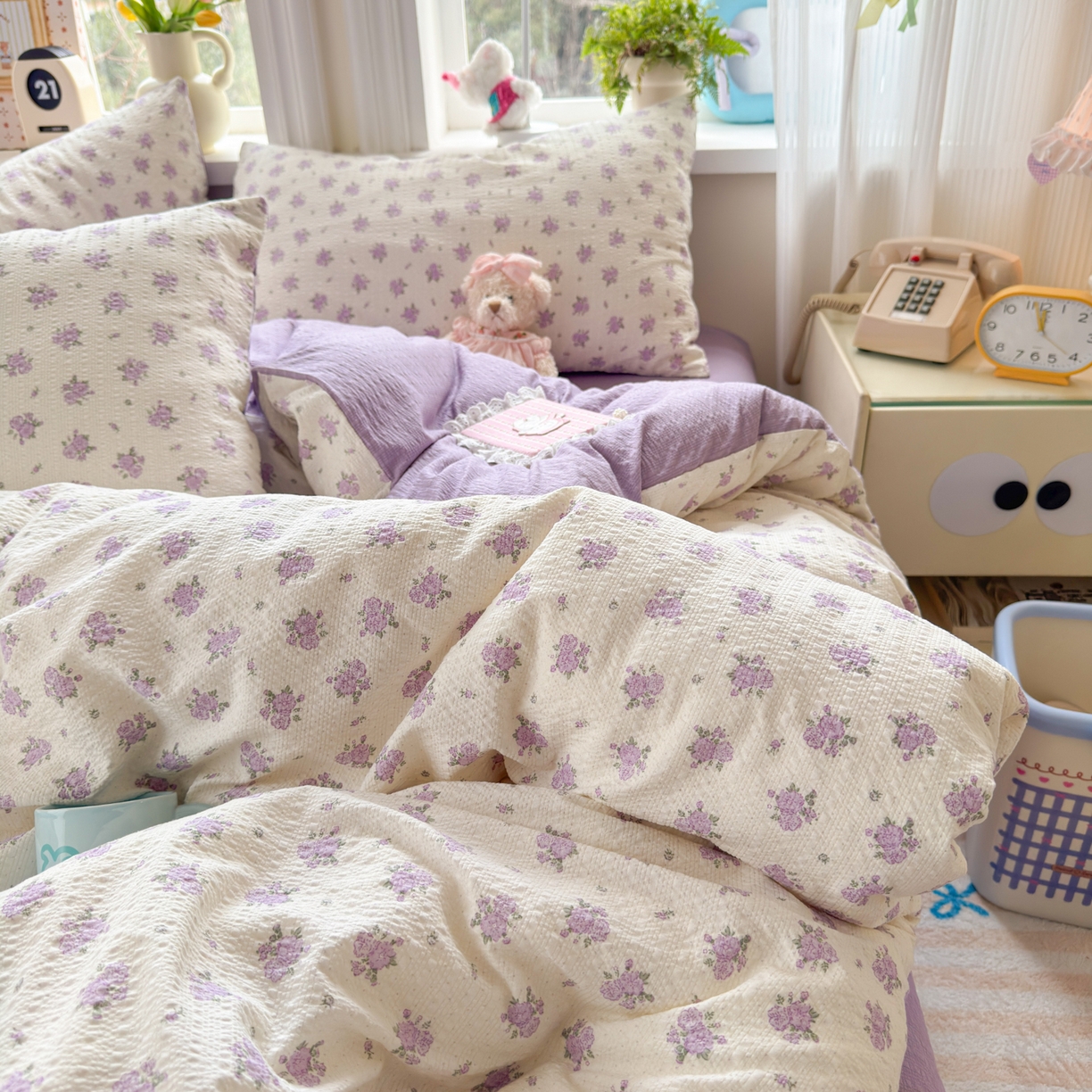 91家纺网 家纺一手货源 找家纺 优承佳生活馆 2026年新款卡通小清新风格高克重超柔软糯泡芙双层纱面料三件套四件套单被套系列 紫蔷薇