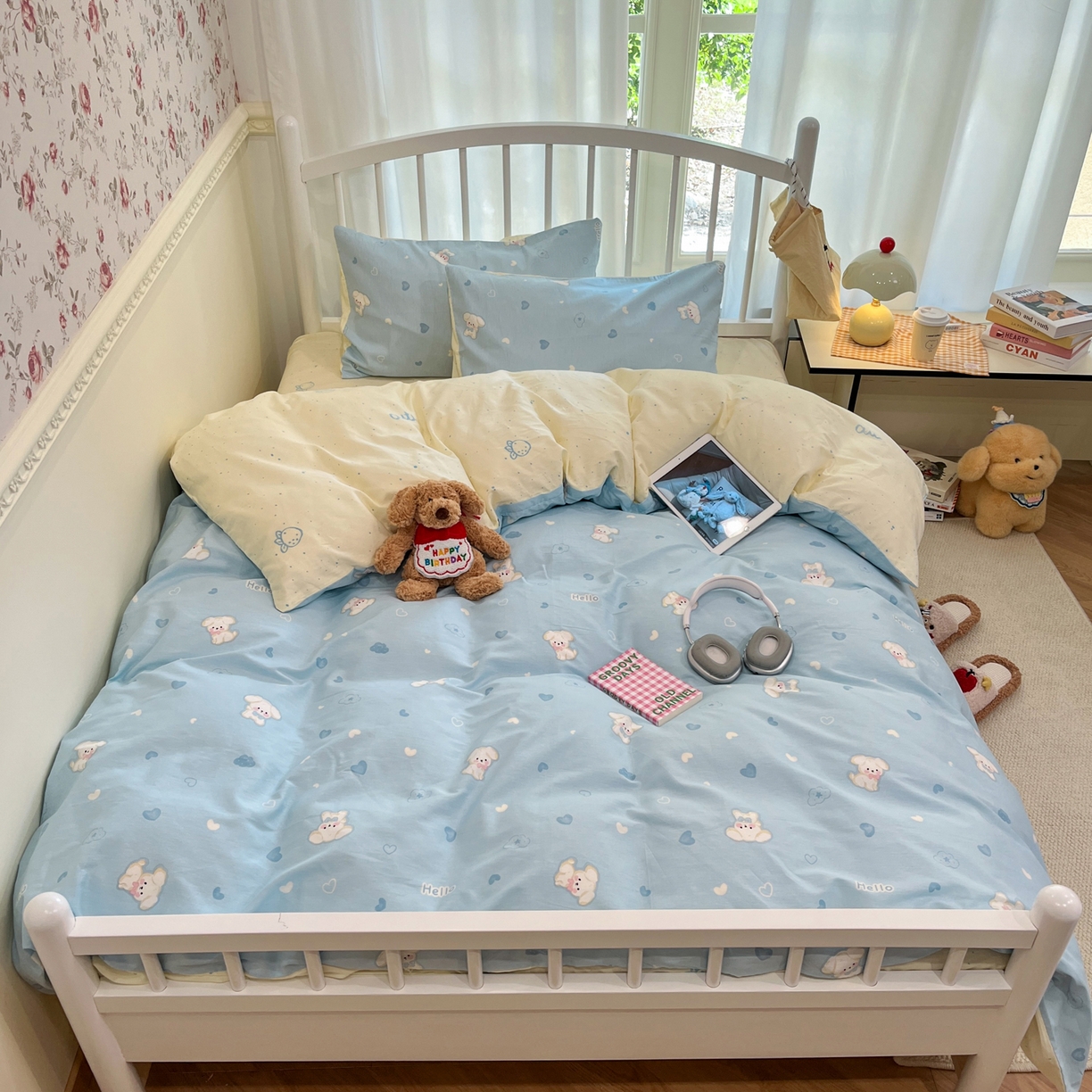 91家纺网 家纺一手货源 找家纺 盛馨家纺 2026年开学季春夏新品小清新全棉学生三件套四件套床笠四件套跑量款 小白狗