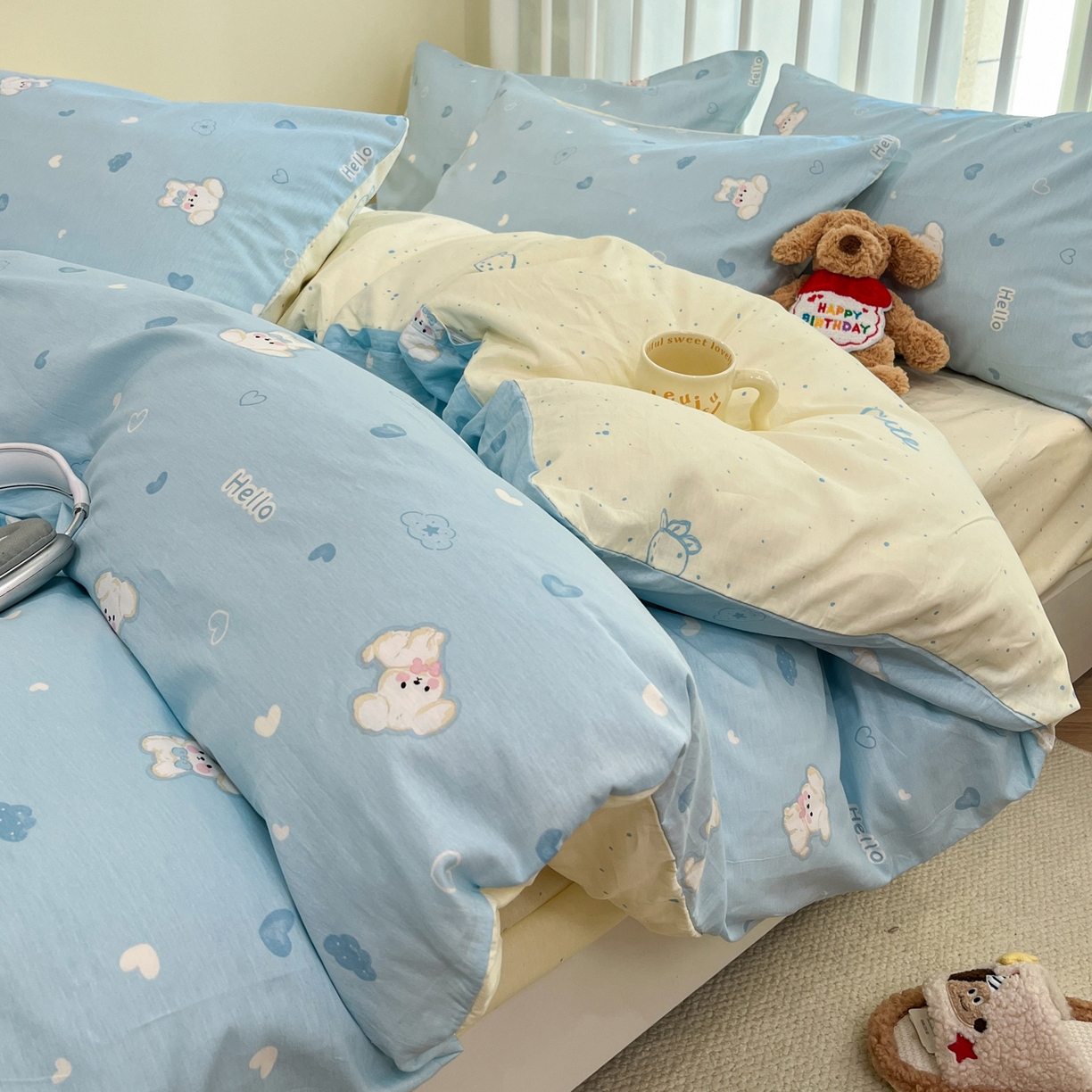 91家纺网 家纺一手货源 找家纺 盛馨家纺 2026年开学季春夏新品小清新全棉学生三件套四件套床笠四件套跑量款 小白狗