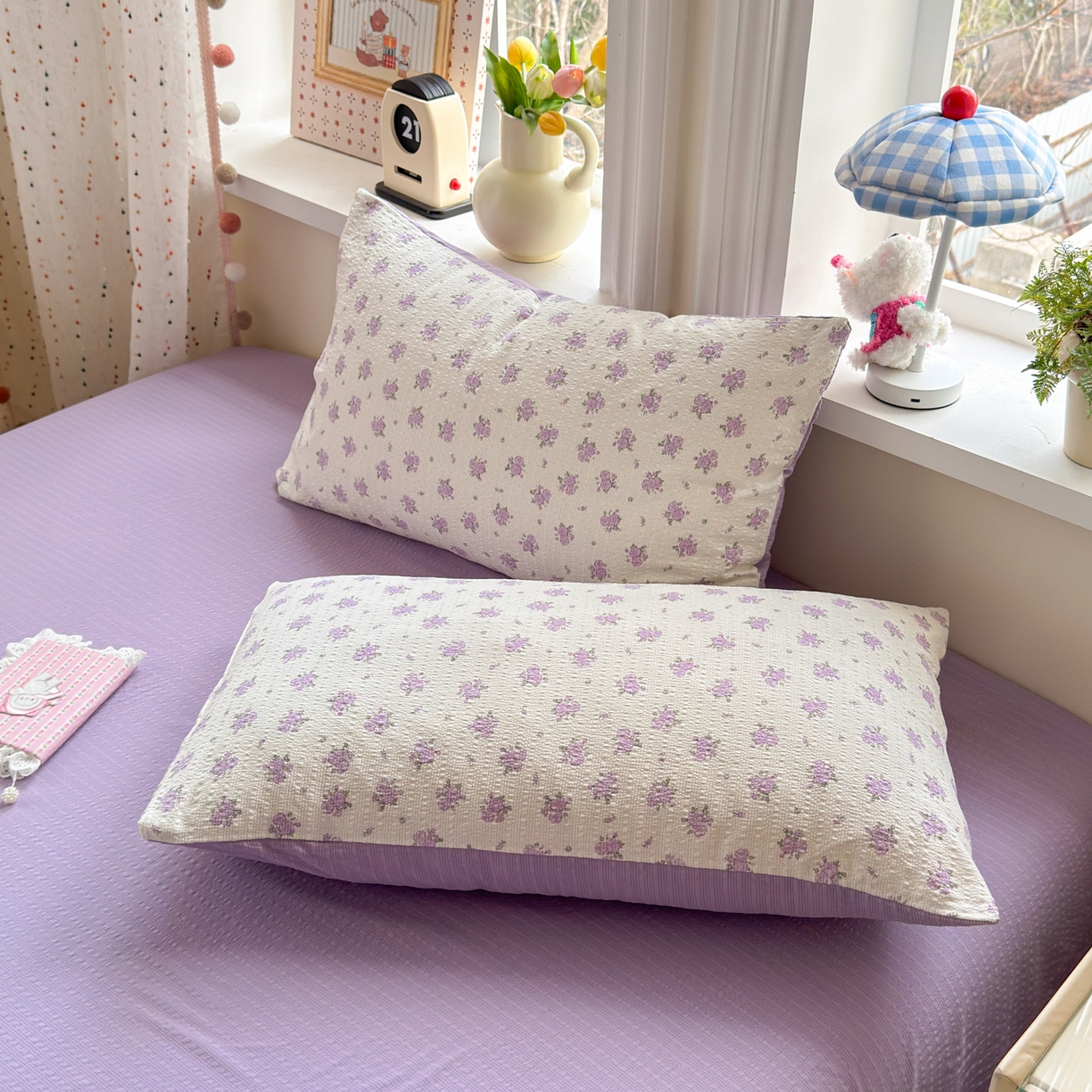 91家纺网 家纺一手货源 找家纺 优承佳生活馆 2026年新款卡通小清新风格高克重超柔软糯泡芙双层纱面料三件套四件套单被套系列 紫蔷薇