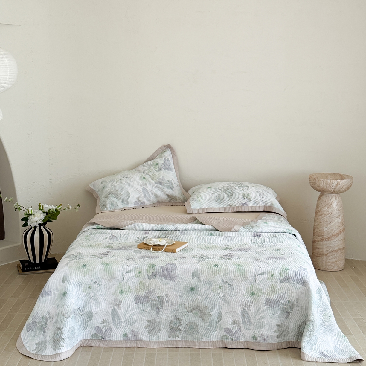 91家纺网 家纺一手货源 找家纺 床盖工厂店 2026新款活性大版印花双面50天丝填充棉花床盖三件套 浅柠-绿