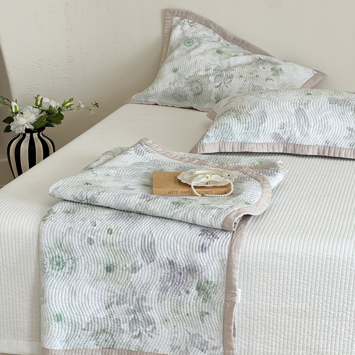 床盖工厂店 2026新款活性大版印花双面50天丝填充棉花床盖三件套 浅柠-绿