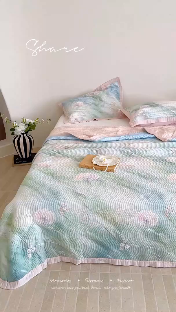 91家纺网 家纺一手货源 找家纺 床盖工厂店 2026新款活性大版印花双面50天丝填充棉花床盖三件套 萱雅-绿