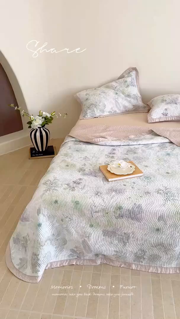 91家纺网 家纺一手货源 找家纺 床盖工厂店 2026新款活性大版印花双面50天丝填充棉花床盖三件套 浅柠-绿