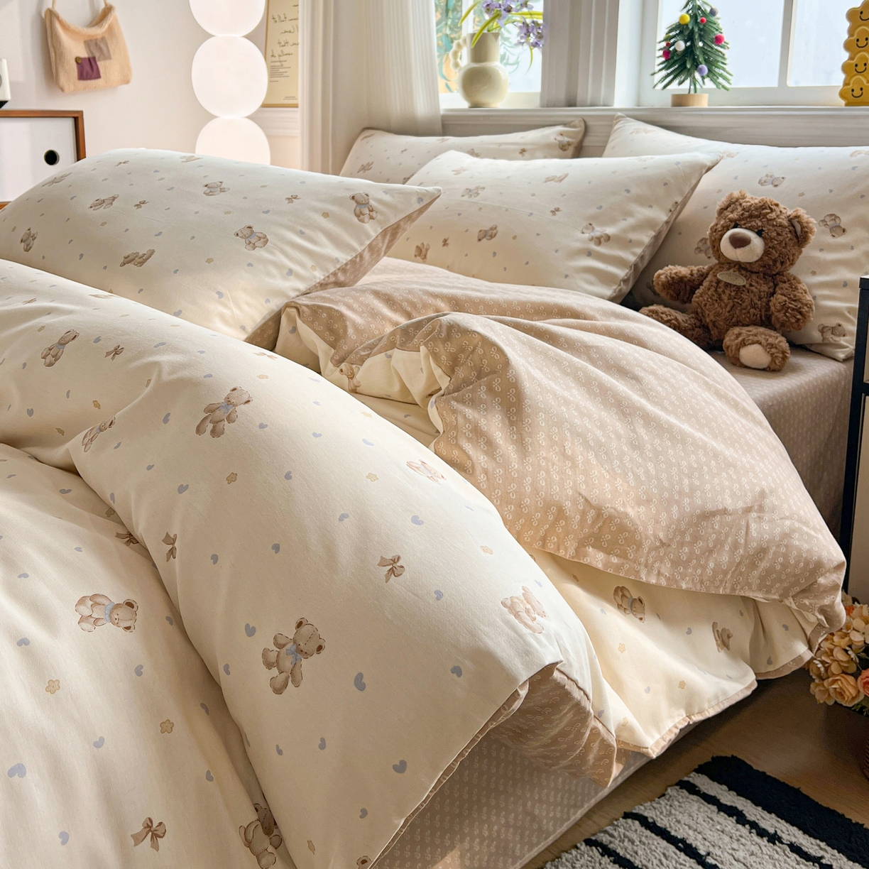 91家纺网 家纺一手货源 找家纺 盛馨家纺 2026年开学季春夏新品小清新全棉学生三件套四件套床笠四件套跑量款 幸运小熊