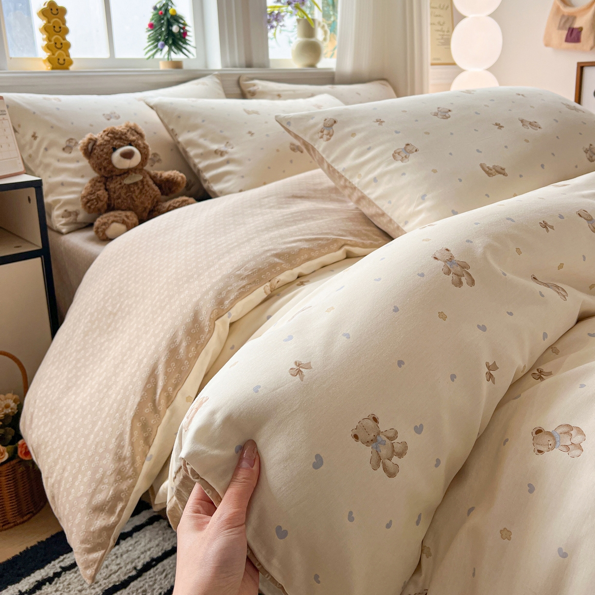 91家纺网 家纺一手货源 找家纺 盛馨家纺 2026年开学季春夏新品小清新全棉学生三件套四件套床笠四件套跑量款 幸运小熊