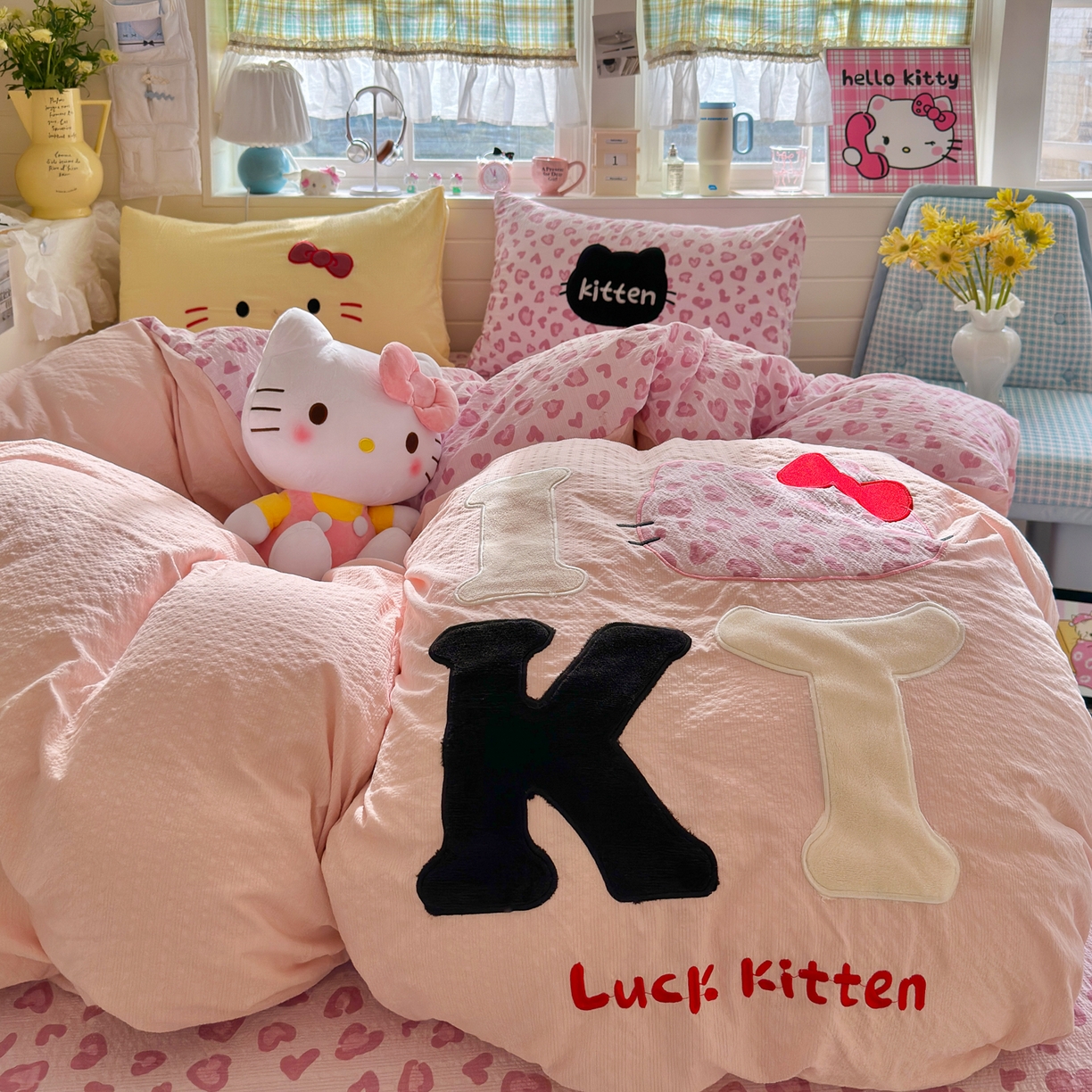 91家纺网 家纺一手货源 找家纺 （总）初念 2026春夏新款泡芙莎贴布绣豹豹猫猫四件套