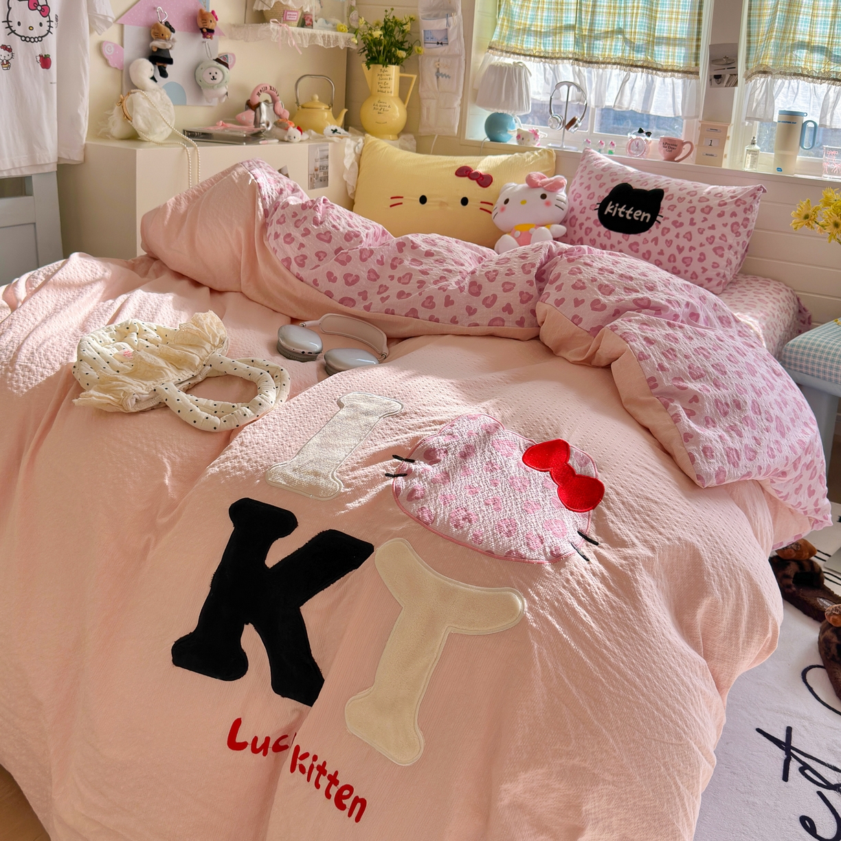 91家纺网 家纺一手货源 找家纺 （总）初念 2026春夏新款泡芙莎贴布绣豹豹猫猫四件套