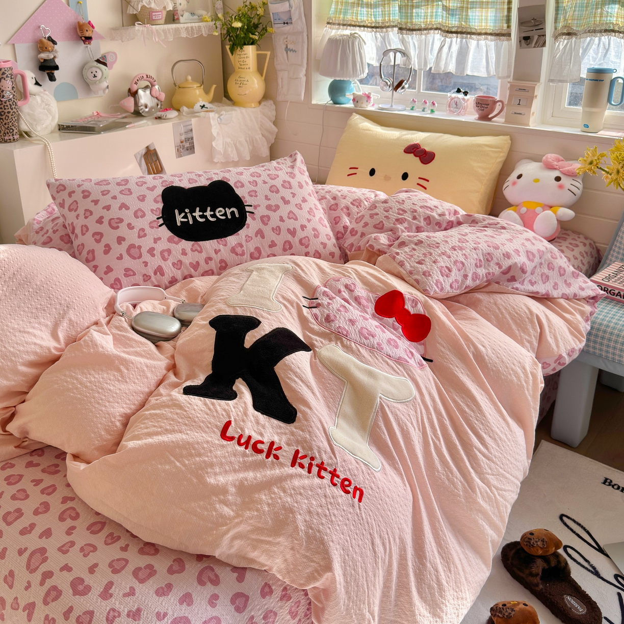 91家纺网 家纺一手货源 找家纺 （总）初念 2026春夏新款泡芙莎贴布绣豹豹猫猫四件套