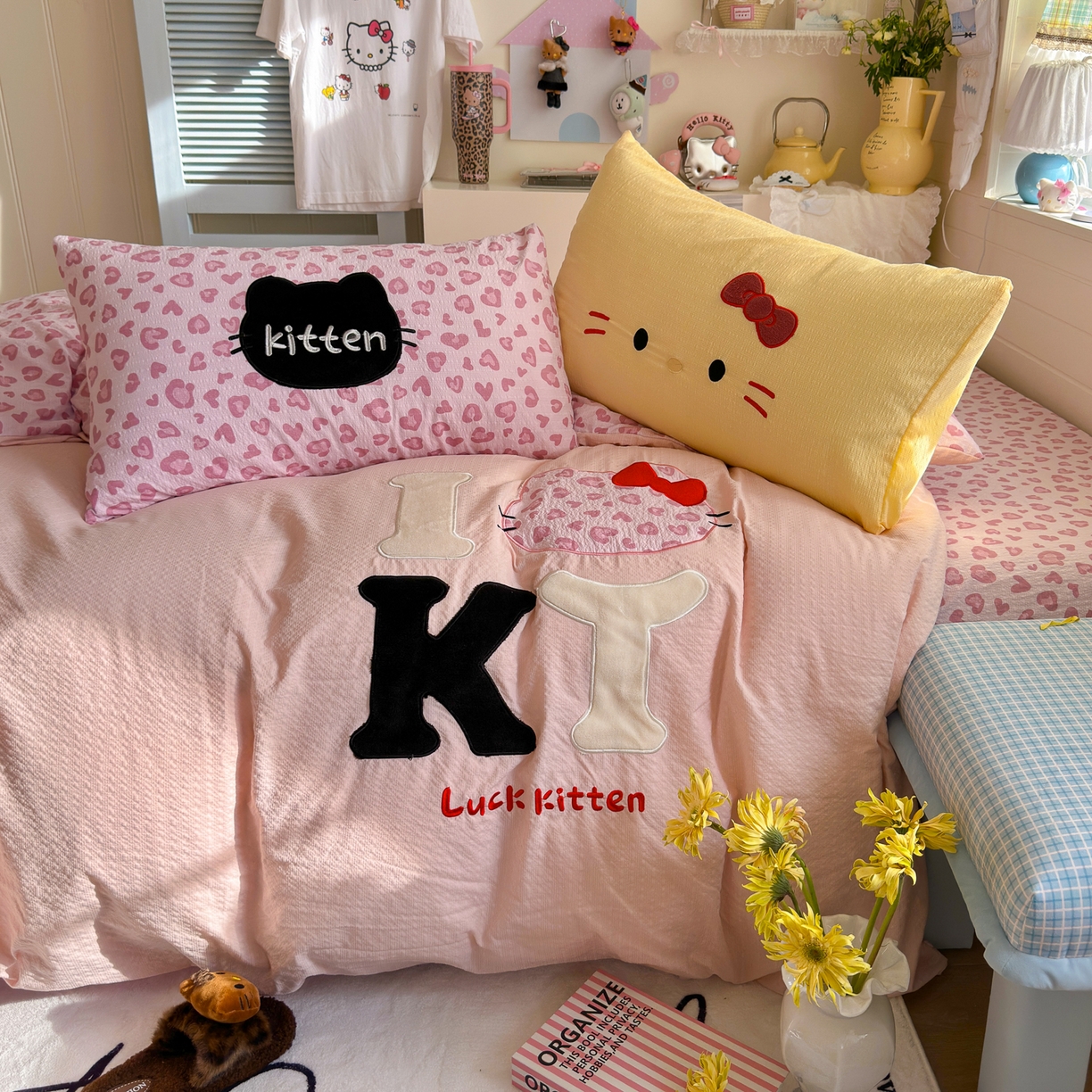 91家纺网 家纺一手货源 找家纺 （总）初念 2026春夏新款泡芙莎贴布绣豹豹猫猫四件套