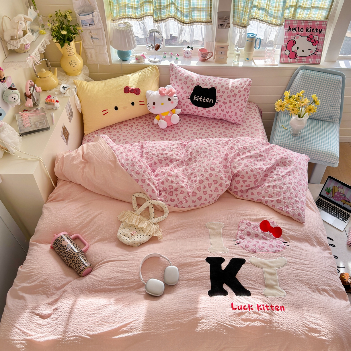 91家纺网 家纺一手货源 找家纺 （总）初念 2026春夏新款泡芙莎贴布绣豹豹猫猫四件套