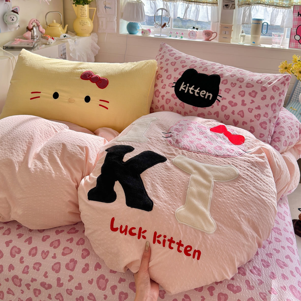 初念 2026春夏新款泡芙莎贴布绣豹豹猫猫四件套 豹豹猫猫-粉