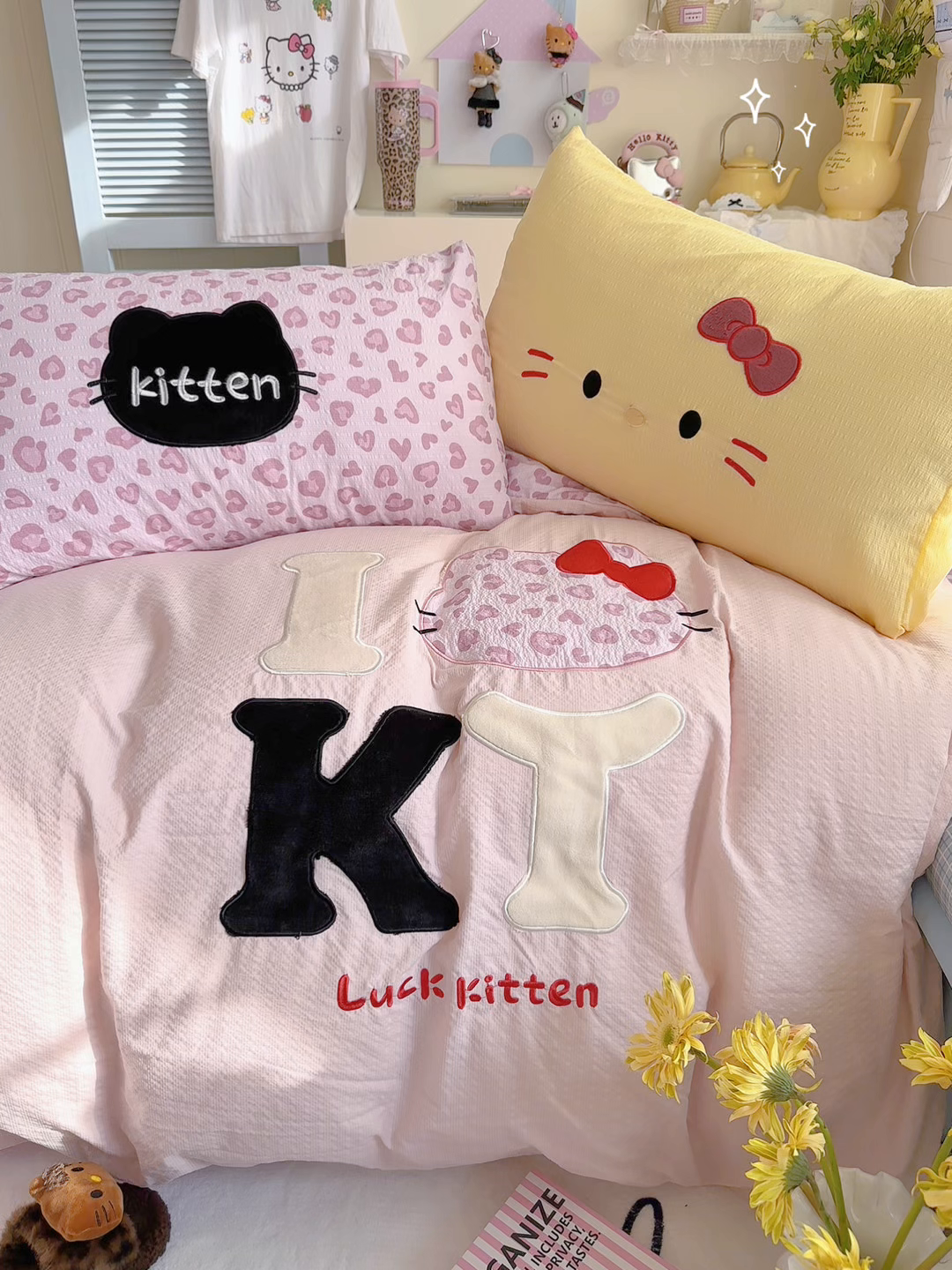 91家纺网 家纺一手货源 找家纺 初念 2026春夏新款泡芙莎贴布绣豹豹猫猫四件套 豹豹猫猫-粉