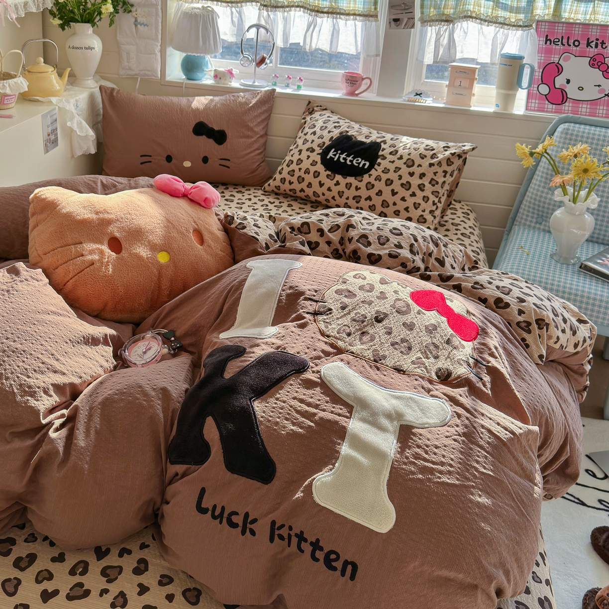 91家纺网 家纺一手货源 找家纺 初念 2026春夏新款泡芙莎贴布绣豹豹猫猫四件套 豹豹猫猫--咖