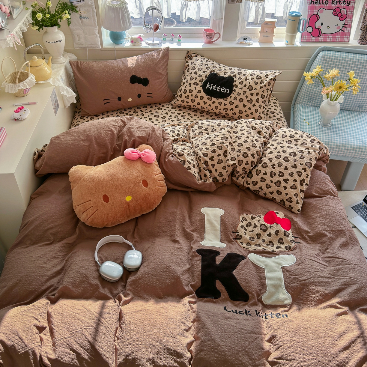 91家纺网 家纺一手货源 找家纺 初念 2026春夏新款泡芙莎贴布绣豹豹猫猫四件套 豹豹猫猫--咖