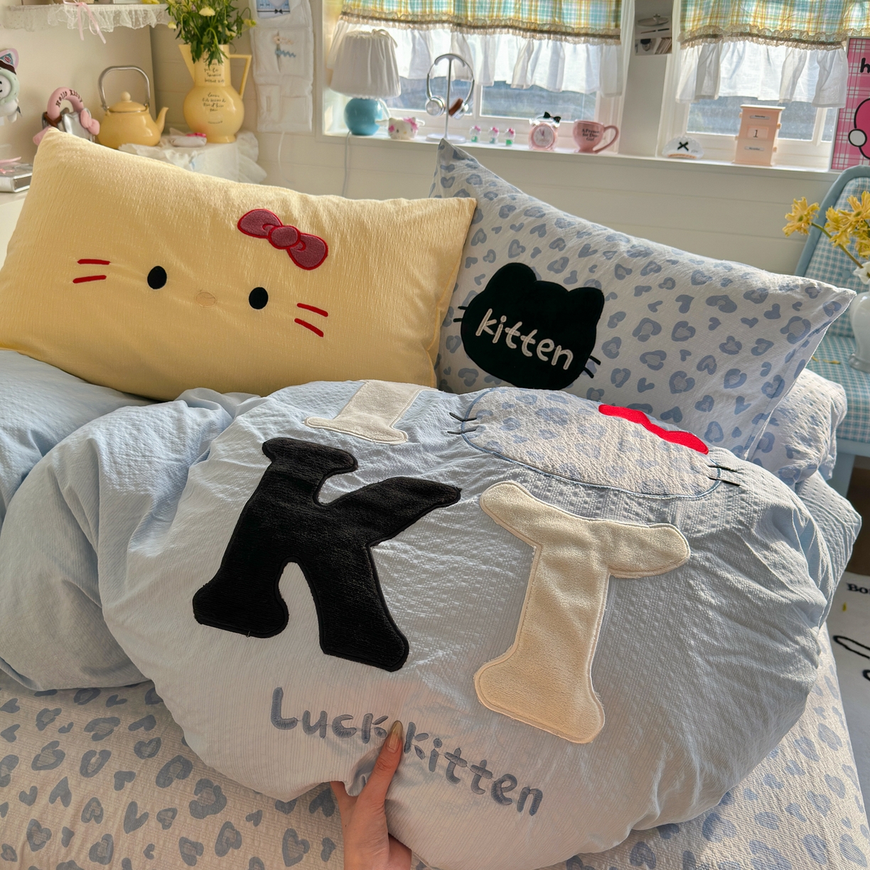 初念 2026春夏新款泡芙莎贴布绣豹豹猫猫四件套 豹豹猫猫-蓝