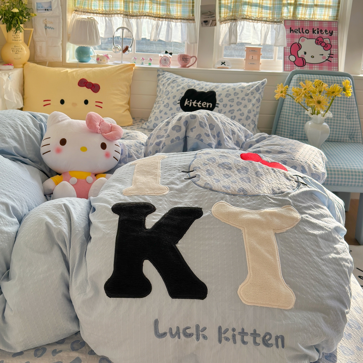 91家纺网 家纺一手货源 找家纺 初念 2026春夏新款泡芙莎贴布绣豹豹猫猫四件套 豹豹猫猫-蓝