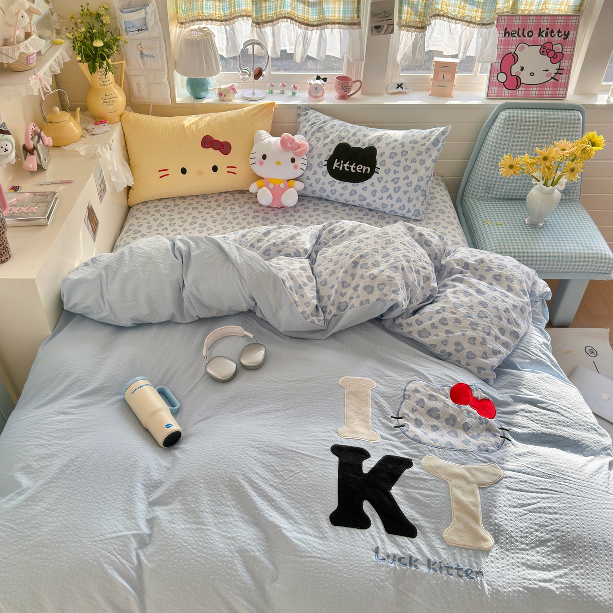 91家纺网 家纺一手货源 找家纺 初念 2026春夏新款泡芙莎贴布绣豹豹猫猫四件套 豹豹猫猫-蓝