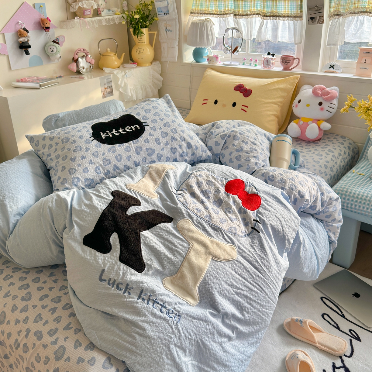 91家纺网 家纺一手货源 找家纺 初念 2026春夏新款泡芙莎贴布绣豹豹猫猫四件套 豹豹猫猫-蓝