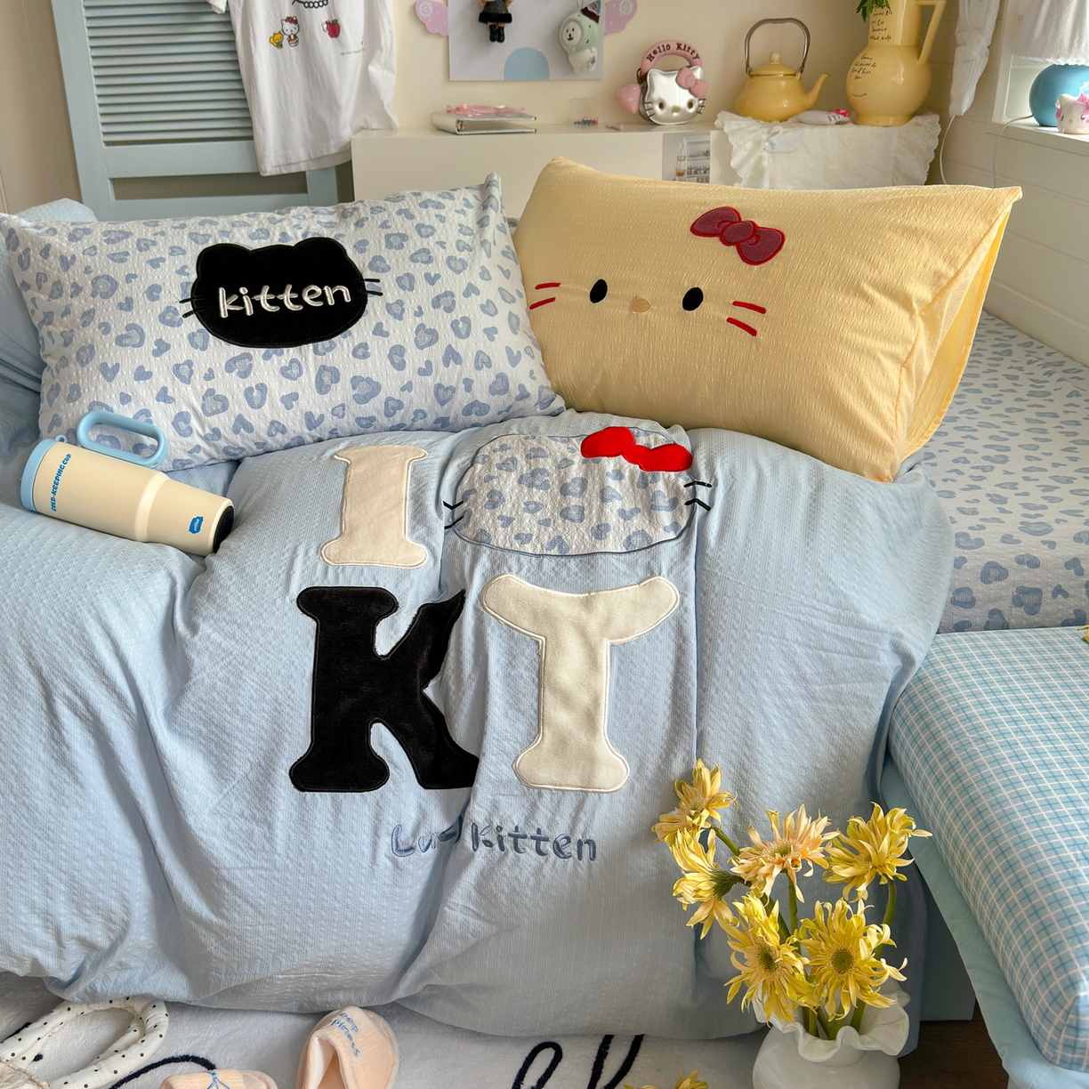 91家纺网 家纺一手货源 找家纺 初念 2026春夏新款泡芙莎贴布绣豹豹猫猫四件套 豹豹猫猫-蓝