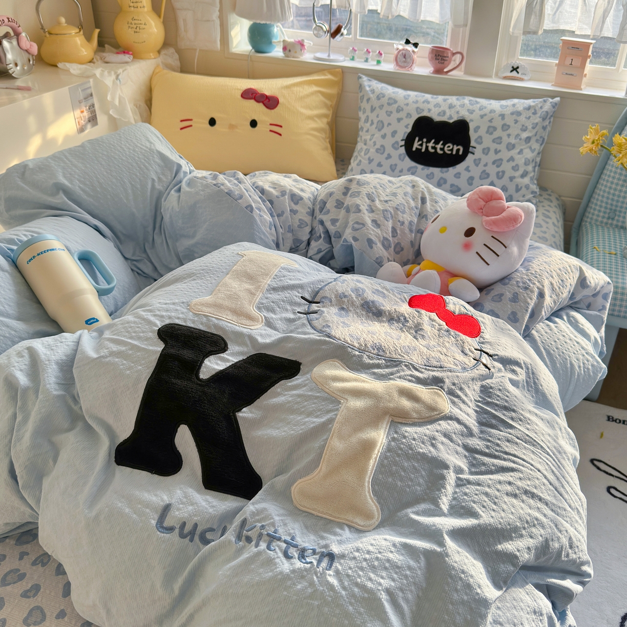 91家纺网 家纺一手货源 找家纺 初念 2026春夏新款泡芙莎贴布绣豹豹猫猫四件套 豹豹猫猫-蓝