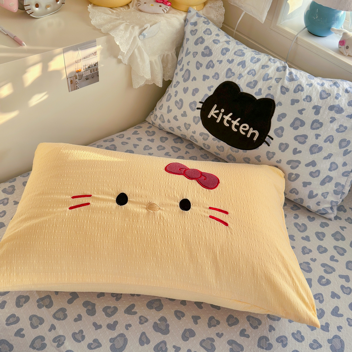 91家纺网 家纺一手货源 找家纺 初念 2026春夏新款泡芙莎贴布绣豹豹猫猫四件套 豹豹猫猫-蓝