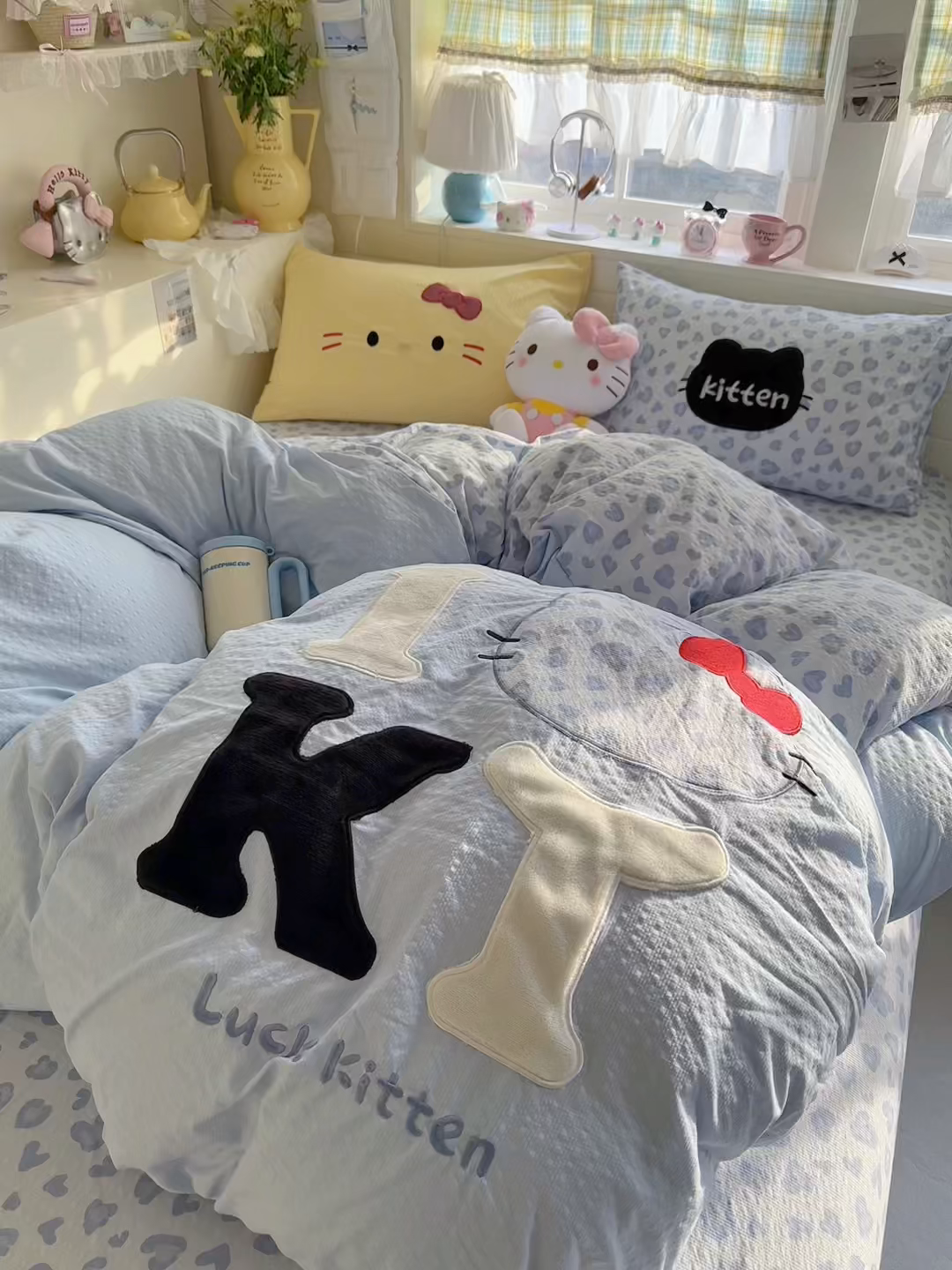 91家纺网 家纺一手货源 找家纺 初念 2026春夏新款泡芙莎贴布绣豹豹猫猫四件套 豹豹猫猫-蓝