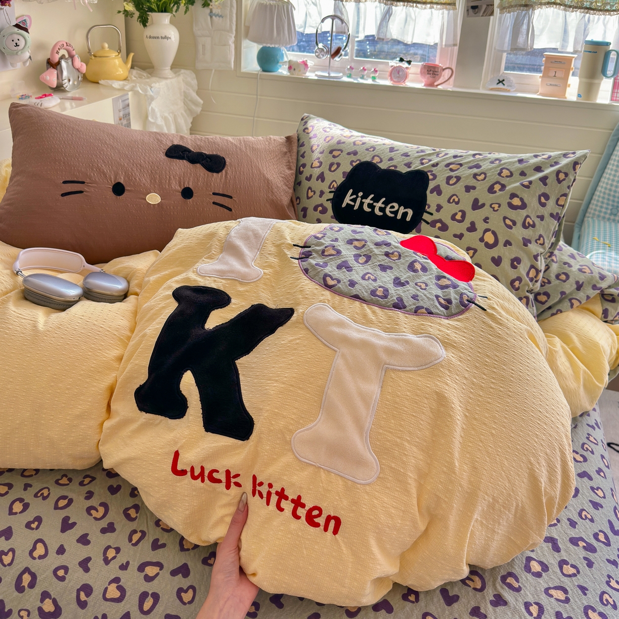 初念 2026春夏新款泡芙莎贴布绣豹豹猫猫四件套 豹豹猫猫--蓝