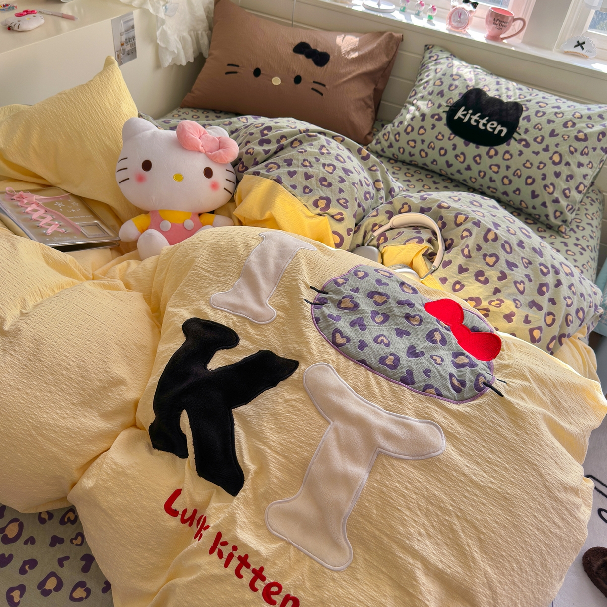 91家纺网 家纺一手货源 找家纺 初念 2026春夏新款泡芙莎贴布绣豹豹猫猫四件套 豹豹猫猫--蓝