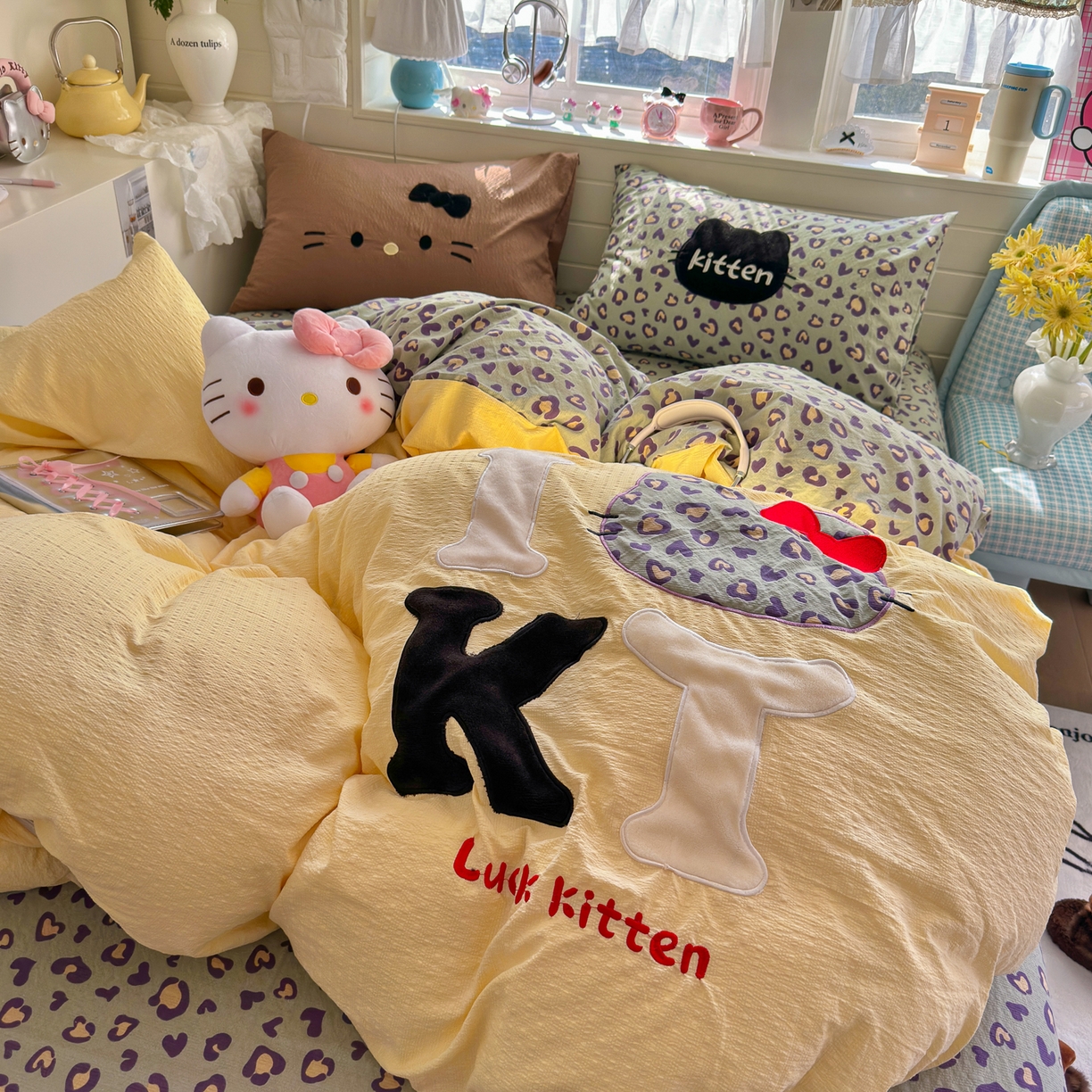 91家纺网 家纺一手货源 找家纺 初念 2026春夏新款泡芙莎贴布绣豹豹猫猫四件套 豹豹猫猫--蓝