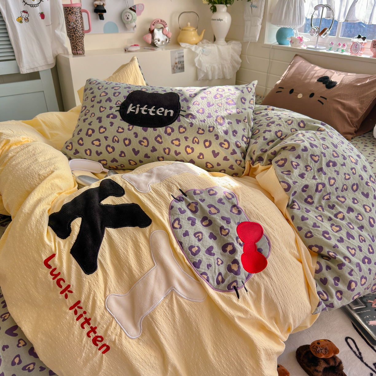 91家纺网 家纺一手货源 找家纺 初念 2026春夏新款泡芙莎贴布绣豹豹猫猫四件套 豹豹猫猫--蓝