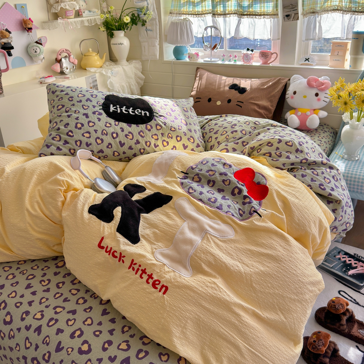 91家纺网 家纺一手货源 找家纺 初念 2026春夏新款泡芙莎贴布绣豹豹猫猫四件套 豹豹猫猫--蓝