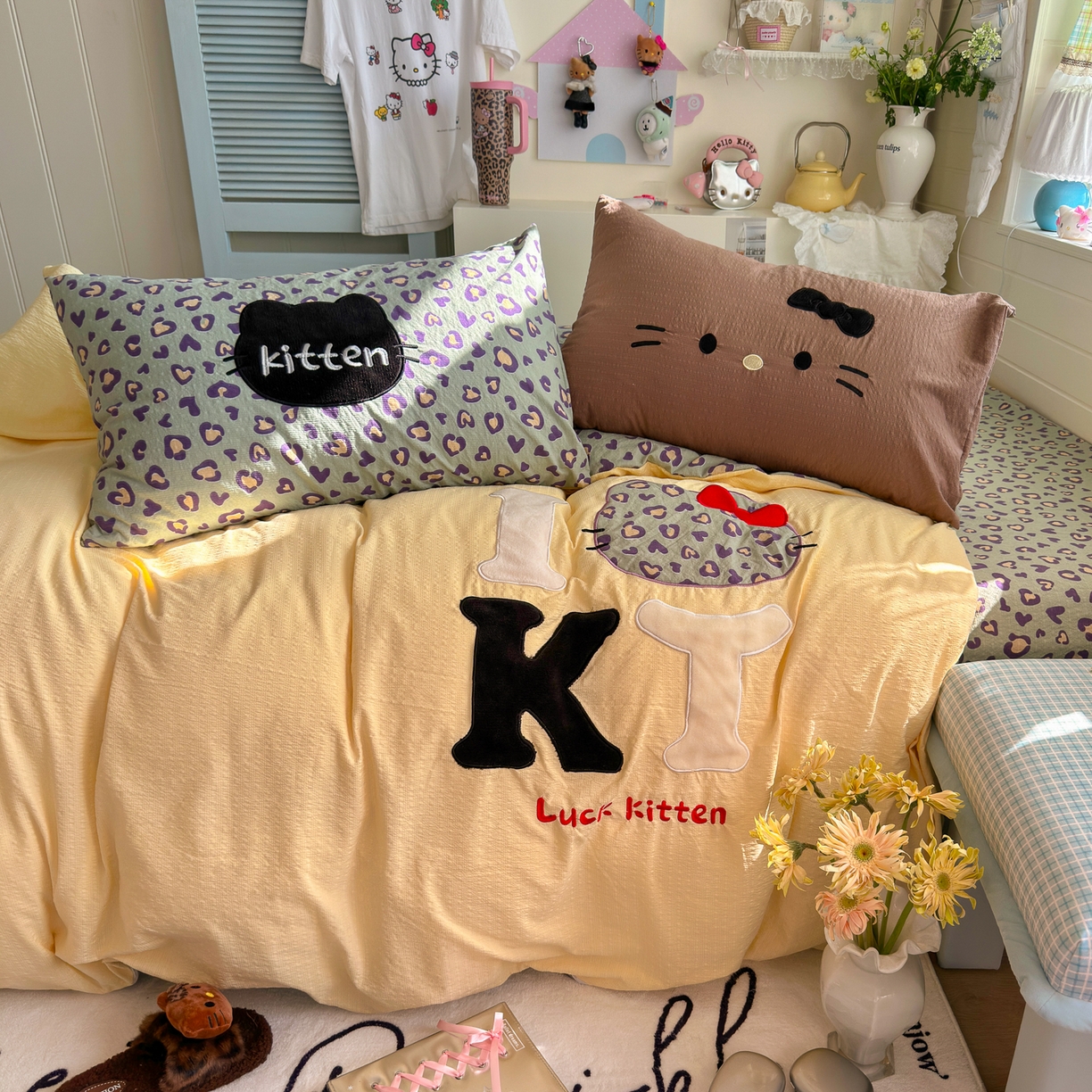 91家纺网 家纺一手货源 找家纺 初念 2026春夏新款泡芙莎贴布绣豹豹猫猫四件套 豹豹猫猫--蓝