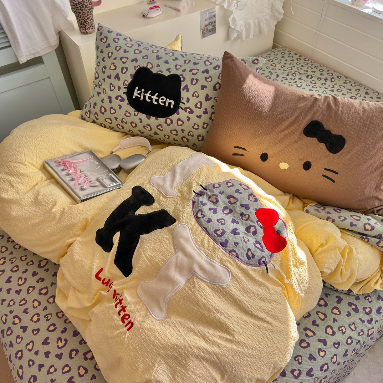 91家纺网 家纺一手货源 找家纺 初念 2026春夏新款泡芙莎贴布绣豹豹猫猫四件套 豹豹猫猫--蓝