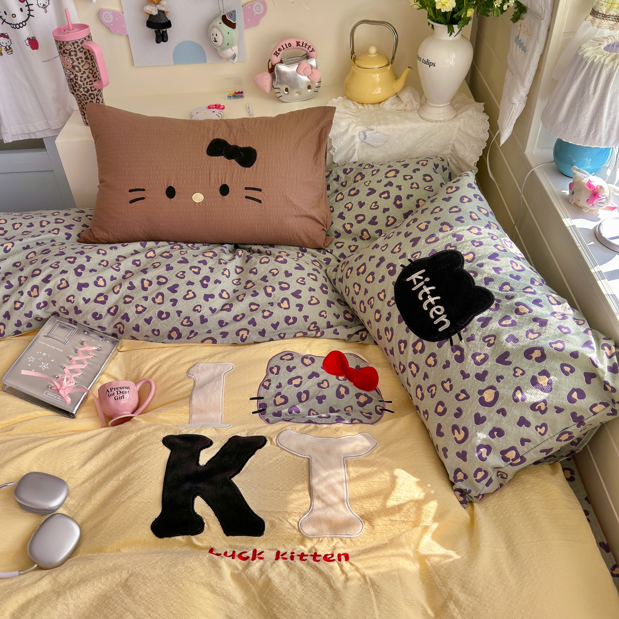 91家纺网 家纺一手货源 找家纺 初念 2026春夏新款泡芙莎贴布绣豹豹猫猫四件套 豹豹猫猫--蓝