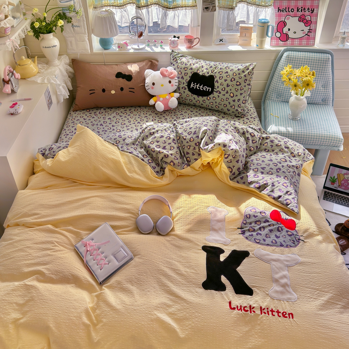 91家纺网 家纺一手货源 找家纺 初念 2026春夏新款泡芙莎贴布绣豹豹猫猫四件套 豹豹猫猫--蓝