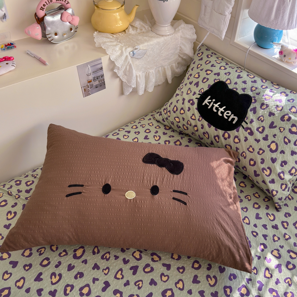 91家纺网 家纺一手货源 找家纺 初念 2026春夏新款泡芙莎贴布绣豹豹猫猫四件套 豹豹猫猫--蓝