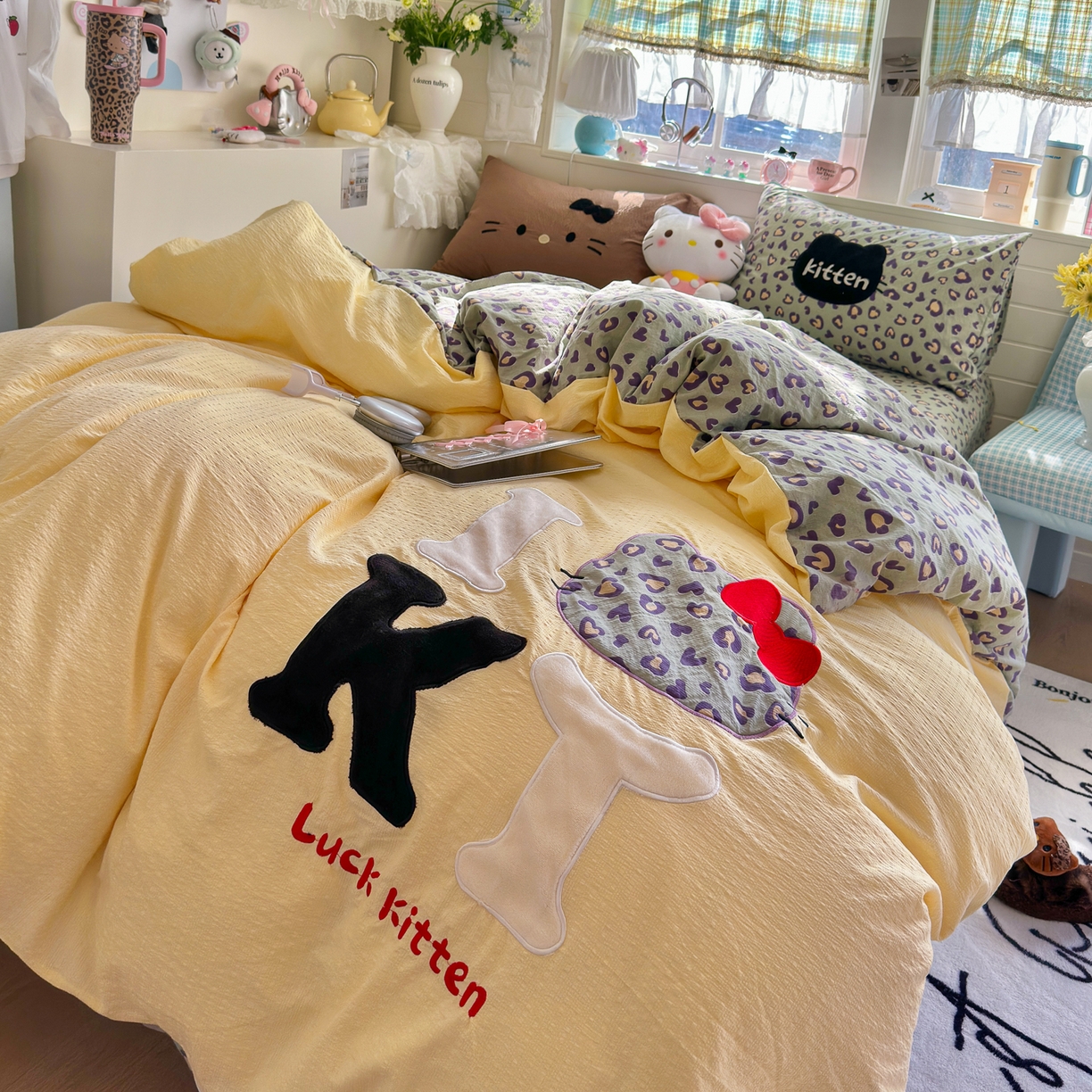 91家纺网 家纺一手货源 找家纺 初念 2026春夏新款泡芙莎贴布绣豹豹猫猫四件套 豹豹猫猫--蓝