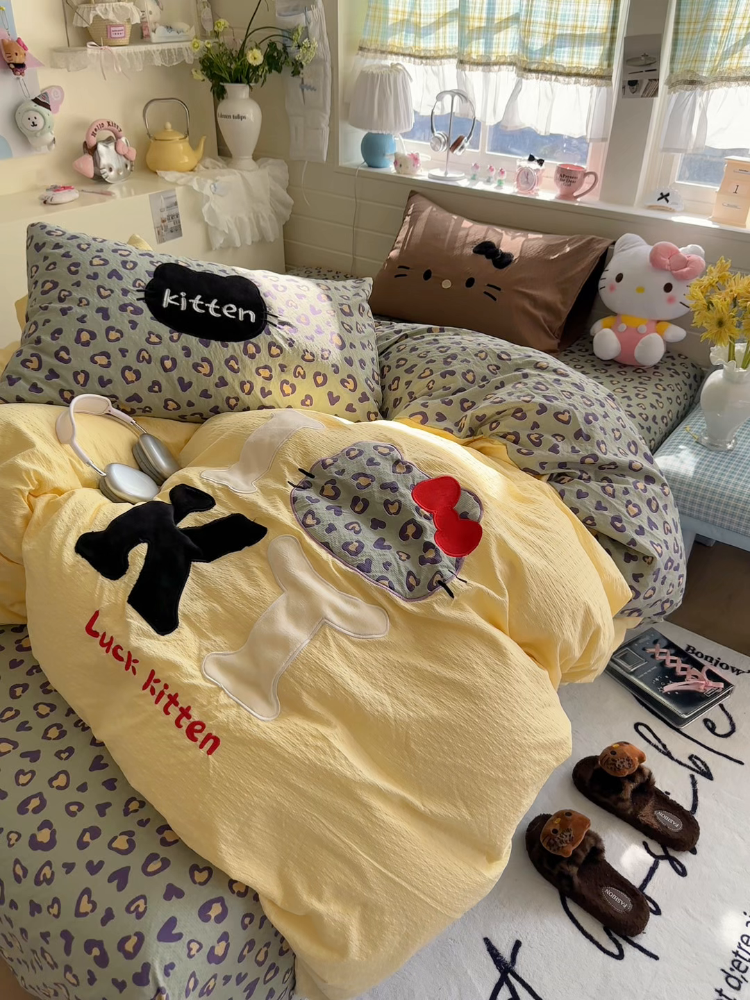 91家纺网 家纺一手货源 找家纺 初念 2026春夏新款泡芙莎贴布绣豹豹猫猫四件套 豹豹猫猫--蓝