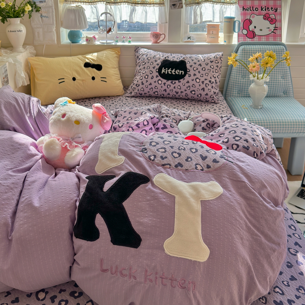 91家纺网 家纺一手货源 找家纺 初念 2026春夏新款泡芙莎贴布绣豹豹猫猫四件套 豹豹猫猫--紫