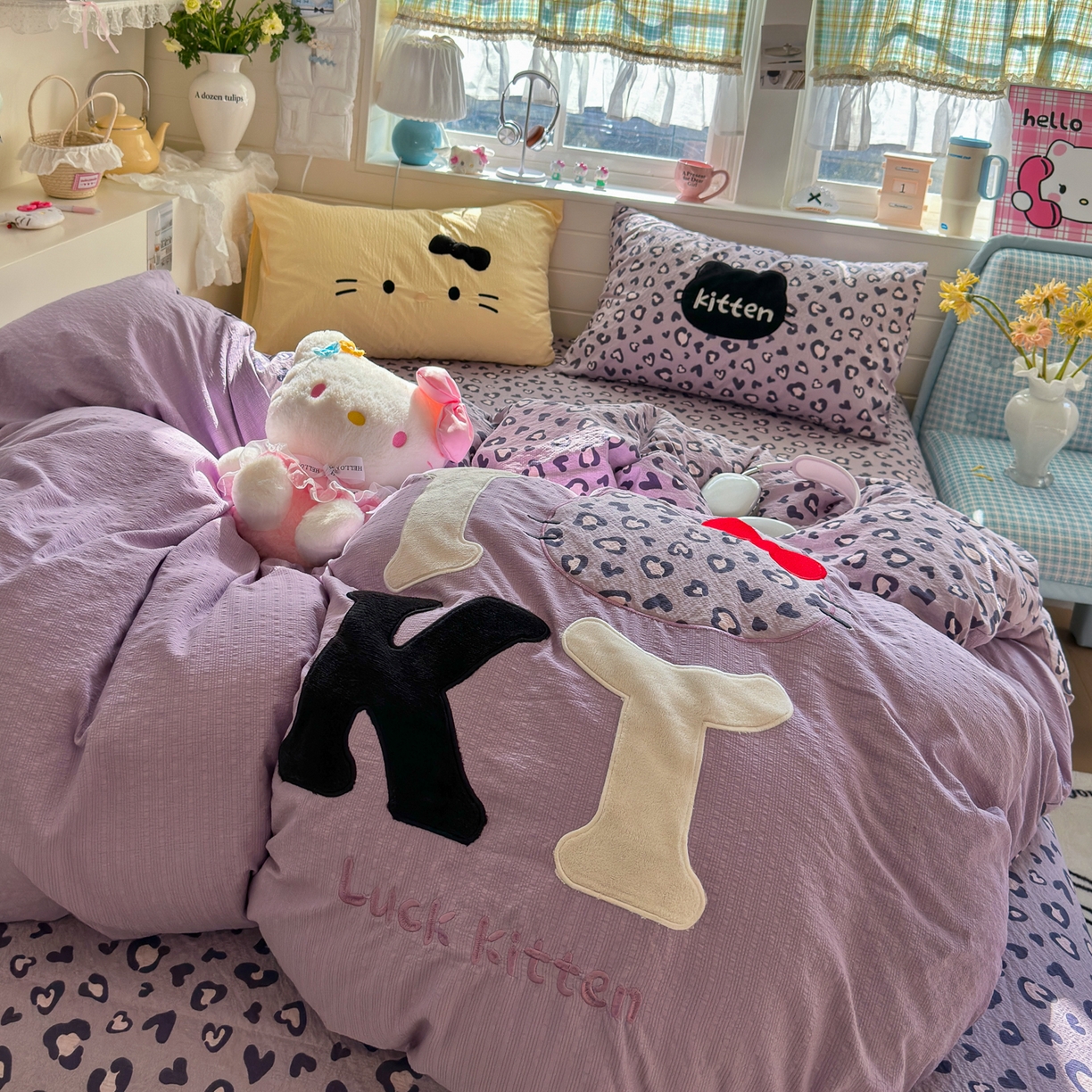 91家纺网 家纺一手货源 找家纺 初念 2026春夏新款泡芙莎贴布绣豹豹猫猫四件套 豹豹猫猫--紫