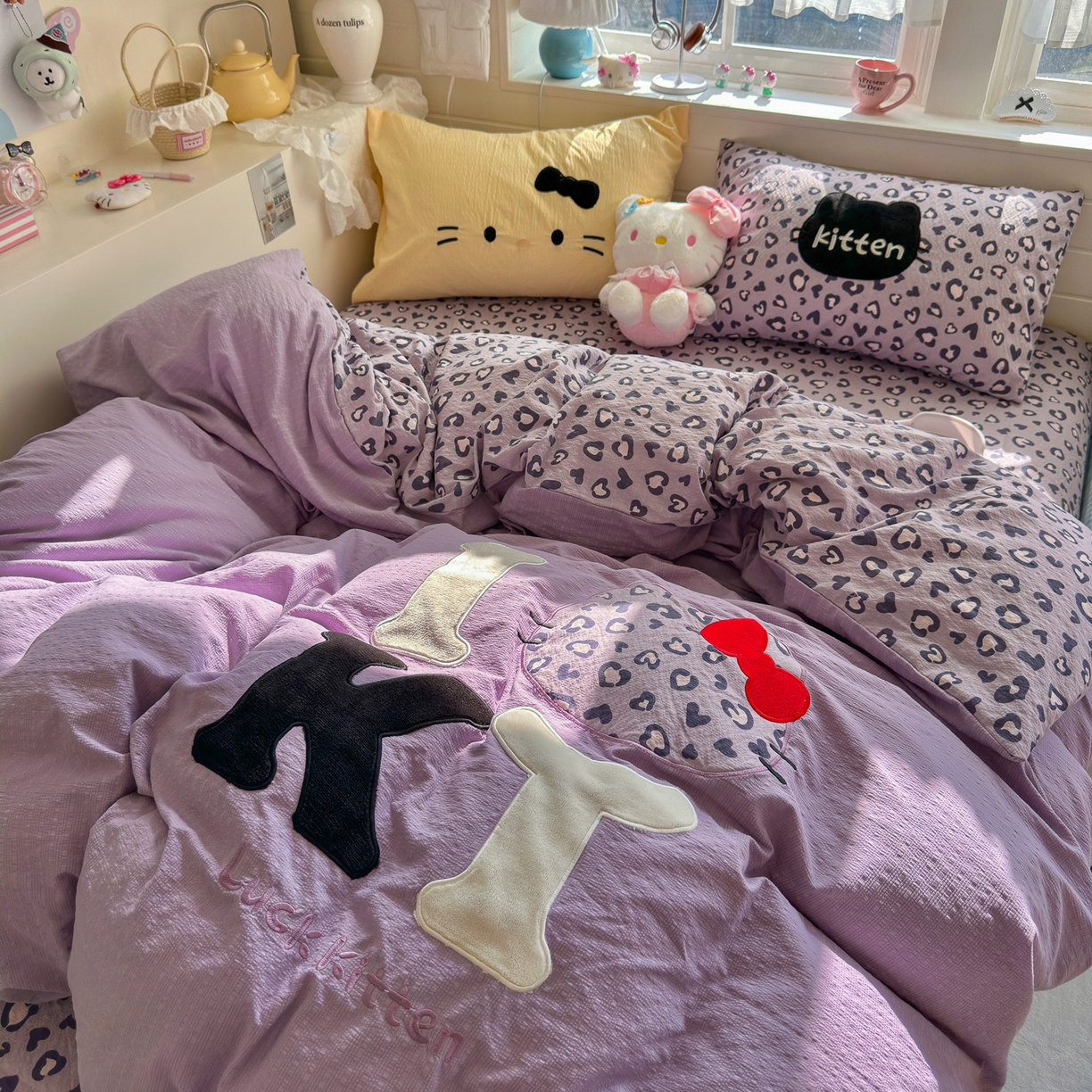 91家纺网 家纺一手货源 找家纺 初念 2026春夏新款泡芙莎贴布绣豹豹猫猫四件套 豹豹猫猫--紫