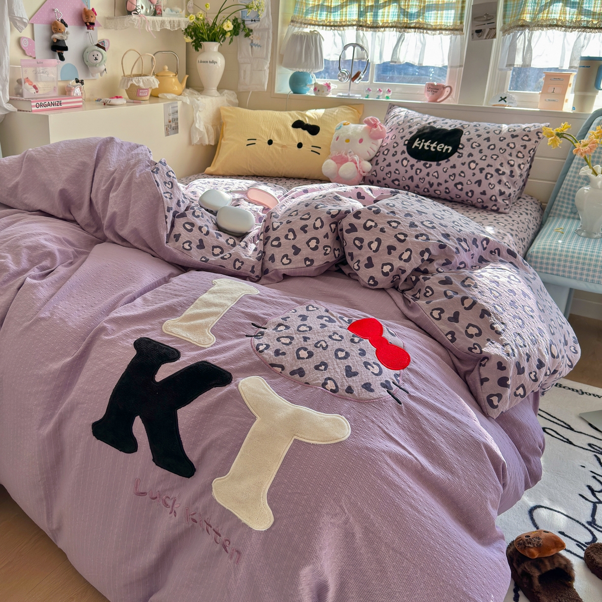 91家纺网 家纺一手货源 找家纺 初念 2026春夏新款泡芙莎贴布绣豹豹猫猫四件套 豹豹猫猫--紫