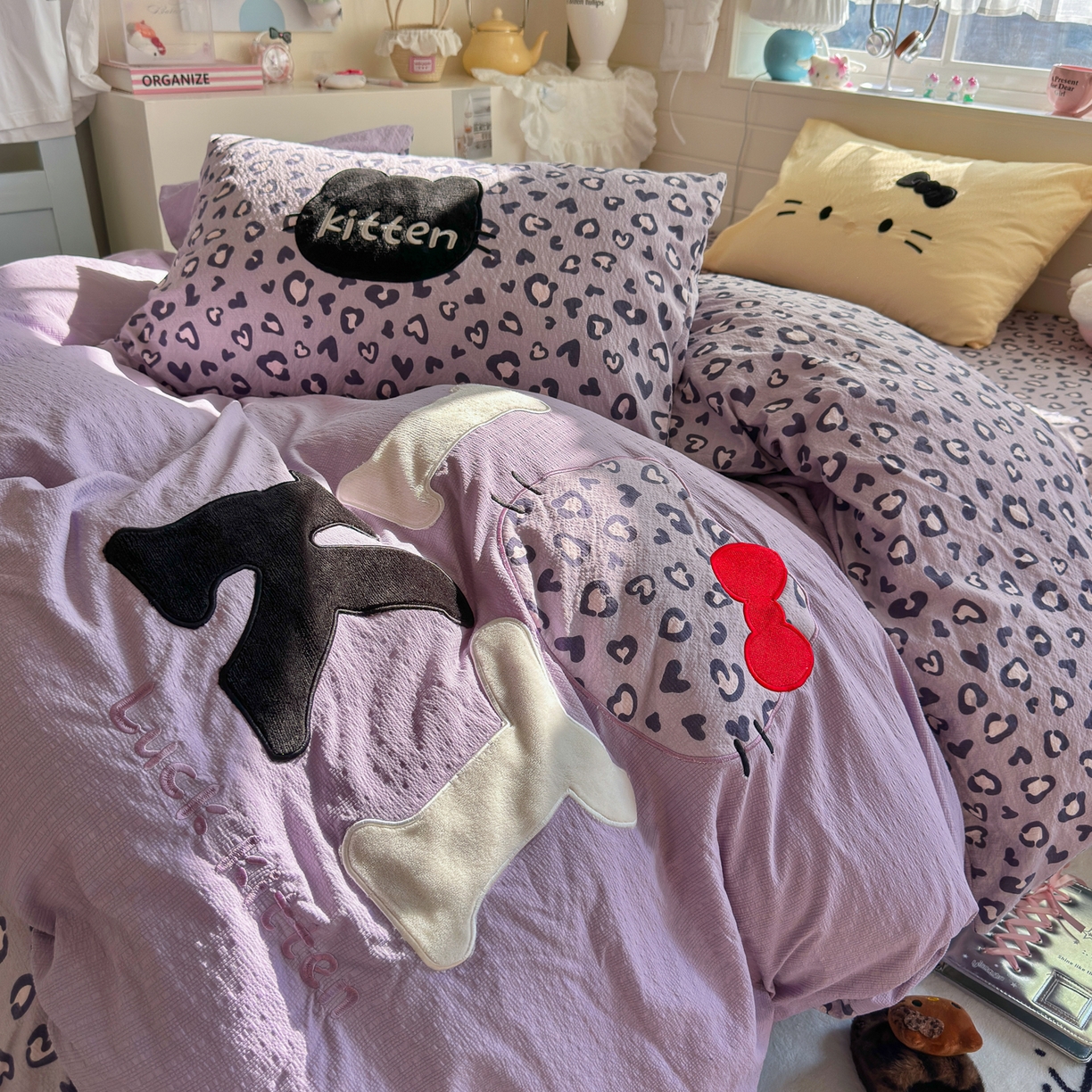 91家纺网 家纺一手货源 找家纺 初念 2026春夏新款泡芙莎贴布绣豹豹猫猫四件套 豹豹猫猫--紫