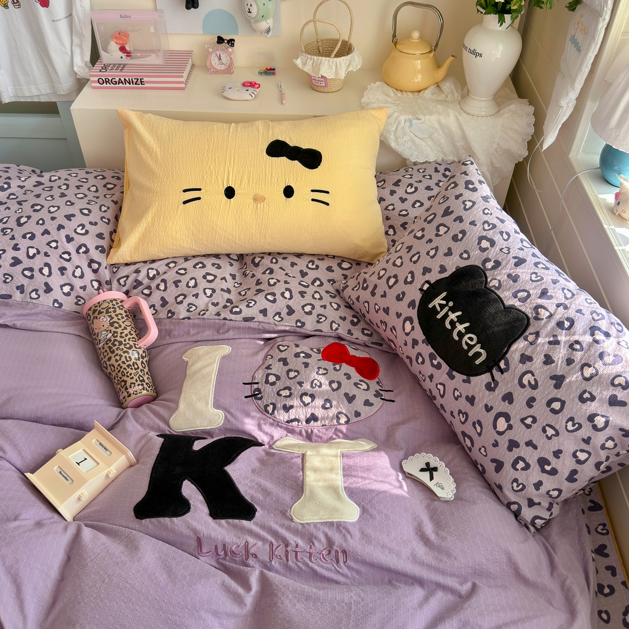 91家纺网 家纺一手货源 找家纺 初念 2026春夏新款泡芙莎贴布绣豹豹猫猫四件套 豹豹猫猫--紫