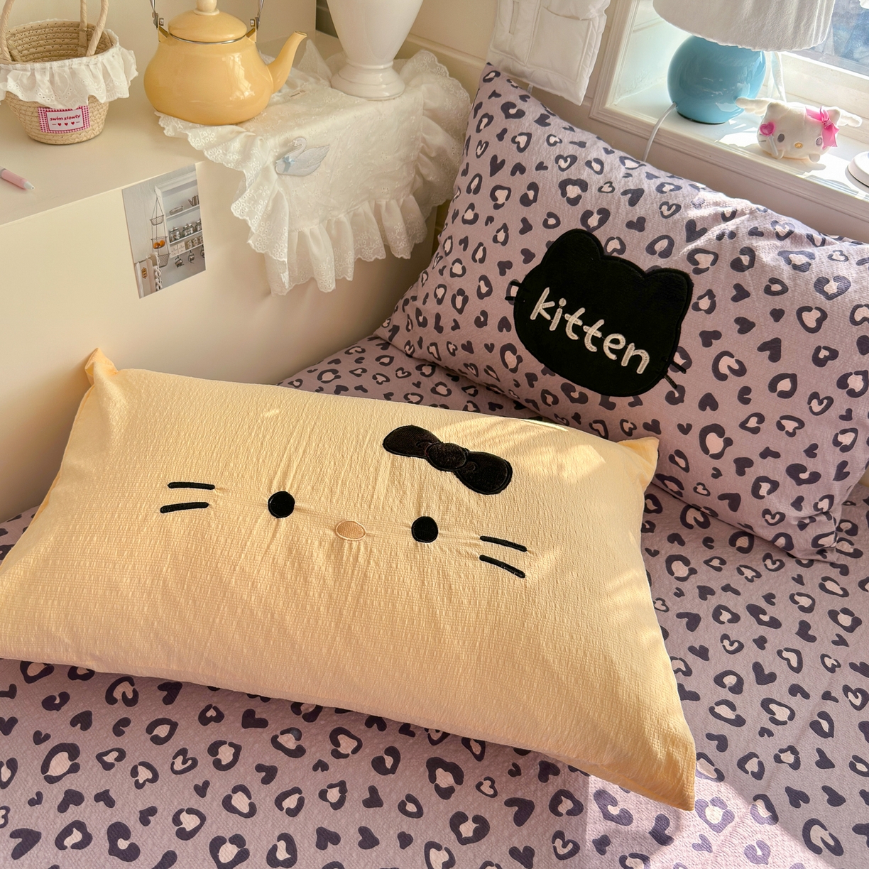 91家纺网 家纺一手货源 找家纺 初念 2026春夏新款泡芙莎贴布绣豹豹猫猫四件套 豹豹猫猫--紫