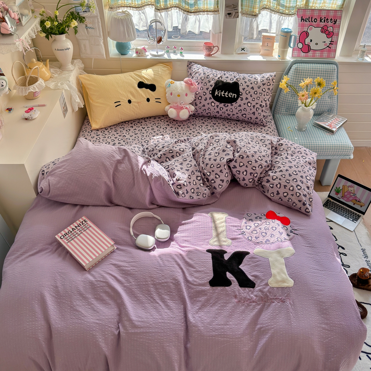 91家纺网 家纺一手货源 找家纺 初念 2026春夏新款泡芙莎贴布绣豹豹猫猫四件套 豹豹猫猫--紫