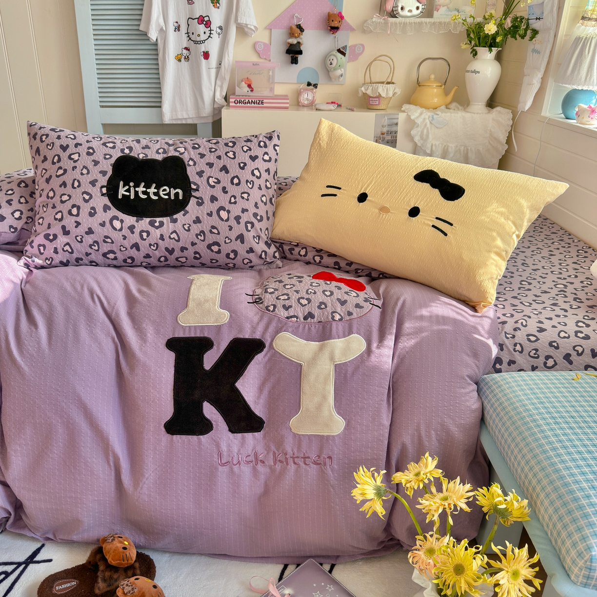 91家纺网 家纺一手货源 找家纺 初念 2026春夏新款泡芙莎贴布绣豹豹猫猫四件套 豹豹猫猫--紫