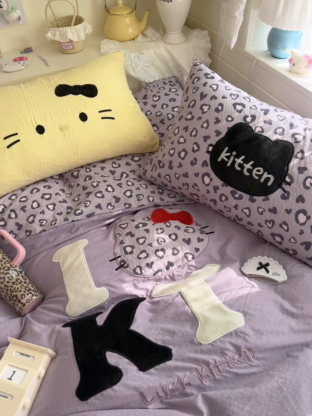 91家纺网 家纺一手货源 找家纺 初念 2026春夏新款泡芙莎贴布绣豹豹猫猫四件套 豹豹猫猫--紫