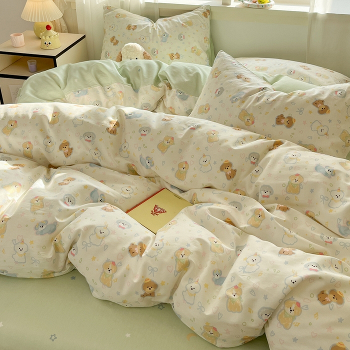 91家纺网 家纺一手货源 找家纺 盛馨家纺 2026年开学季春夏新品小清新全棉学生三件套四件套床笠四件套跑量款 安妮狗